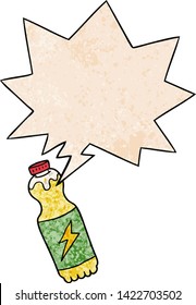 cartoon soda bottle with speech bubble in retro texture style
