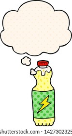 cartoon soda bottle with thought bubble in comic book style