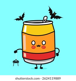 A cartoon Soda Can with a Halloween theme featuring bats and a spider for a fun, holiday celebration.
