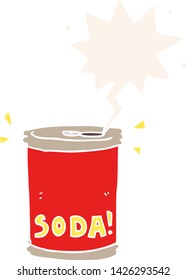 caricatura soda lata con burbuja de habla en estilo retro