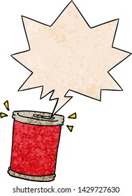 caricatura soda lata con burbuja de habla en estilo de textura retro