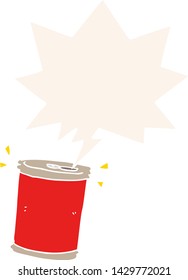 cartoon soda can with speech bubble in retro style