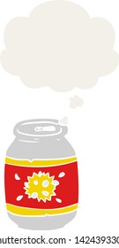 caricatura soda lata con burbuja de pensamiento en estilo retro