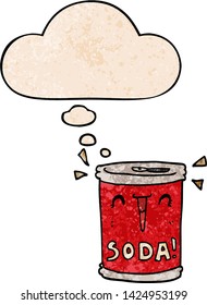 cartoon soda can with thought bubble in grunge texture style