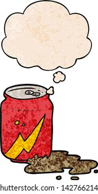 cartoon soda can with thought bubble in grunge texture style