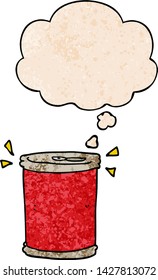 cartoon soda can with thought bubble in grunge texture style