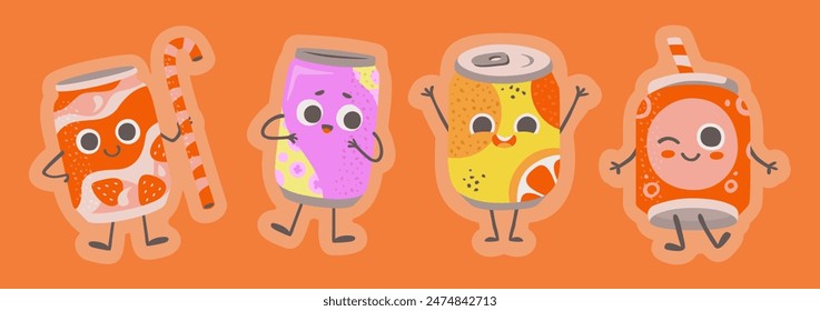 Cartoon soda cans with happy faces and various designs. Flat illustration with orange background. Cute beverage characters concept.