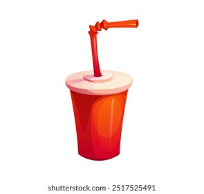 Cartoon soda drink cup, fast food red paper mug with straw and plastic lid. Take away container for cold beverage. isolated vector cola refreshing drink in carton disposable mug for drinking on-the-go