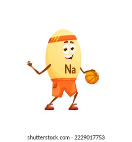 Cartoon sodium or natrium basketball player character. Isolated vector funny Na capsule run with ball. Nutrient personage playing game, sport exercises, fun. Food supplement sportsman bubble training