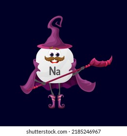 Cartoon sodium or natrium micronutrient mage character. Isolated happy vector Na wizard warlock nutrient capsule personage wear witch hat, cape holding staff. Funny food supplement, mineral wiz bubble