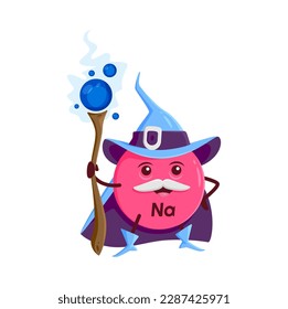 Cartoon sodium or natrium mineral micronutrient mage character. Isolated happy vector Na wizard warlock nutrient capsule personage wear witch hat, cape holding staff. Funny food supplement, wiz bubble