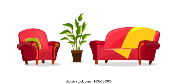 Cartoon sofa and armchair in living room vector illustration. Red furniture with blanket and pillow and potted plant for cozy interior design. Isolated on white background