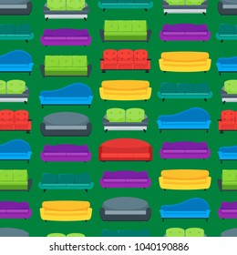 Cartoon Sofa or Couch Seamless Pattern Background Flat Style Design for Interior of Home or Office Furniture for Relaxation . Vector illustration of Sofas