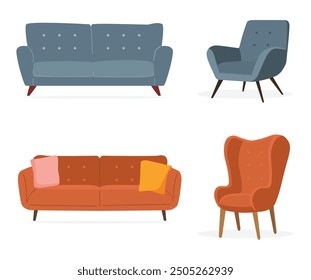 Sofás de dibujos animados, sillones y cojines, muebles de salón suave. Conjunto de ilustración de símbolos de Vector de Elementos de interior de casa acogedor de moda. Sofás modernos colección ilustración de stock