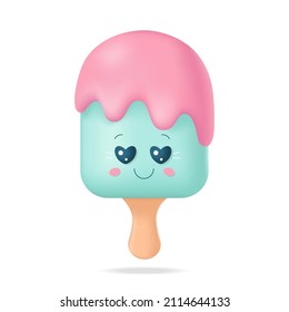 Cartoon soft cute 3d ice cream with face emotion.Kawaii.Vector stock illustration. 