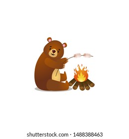 Cartoon soft teddy bear relax on picnic with marshmallows