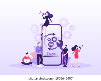 Cartoon software update people for mobile app design. Isometric vector illustration. Mobile application design. Technology network vector illustration.