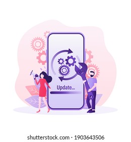 Cartoon Software aktualisiert Menschen für das Design mobiler App. Isometrische Vektorgrafik. Design für mobile Anwendungen. Technologienetzwerk, Vektorgrafik.
