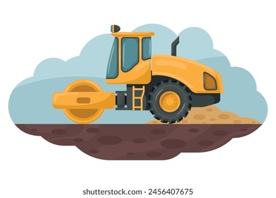 Caricatura del compactador de suelo compactando el suelo. Maquinaria pesada utilizada en la construcción y la industria minera