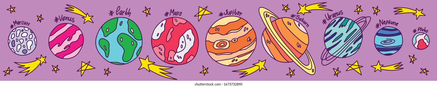 Cartoon solar sistem with planets names and stars. Isolated on purple background. Mercury, Venus, Earth, Mars, Jupiter, Saturn, Uranus, Neptune, Pluto. Great for poster or banners in child room.