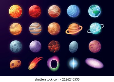 Cartoon Solar system. Astronomical objects in planetary system, Mars Venus Earth Moon Jupiter. Vector set