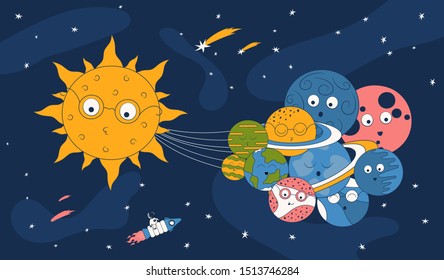 Cartoon solar system background with cute earth, saturn, sun and planets. Futuristic background with comets and stars. Galaxy banner for kids.