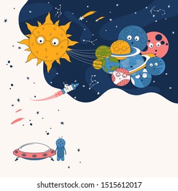 Cartoon solar system border with cute earth, saturn, sun and planets. Futuristic background with astronaut on rocket, alien ship, comets and stars. Galaxy frame for kids.