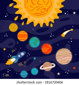 Cartoon Solar system. Heavenly science poster with space objects. Colorful planets on space background sun stars and astronomy objects, galaxy map with rocket vector educational illustration