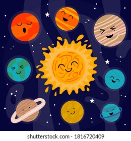 Cartoon Solar system. Heavenly science poster with space objects with cute faces. Colorful planets on space background sun stars, galaxy map emotions on doodle objects vector kids illustration