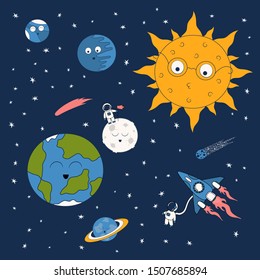 Cartoon solar system pattern with  earth, cute astronaut on moon, sun and planets. Futuristic background with spaceships, spacecrafts and comets. Cute galaxy wallpaper for kids.