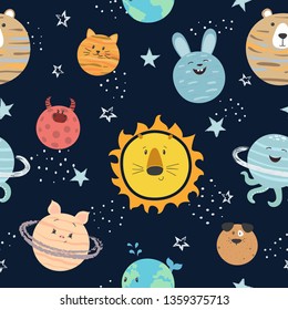 Cartoon-Solarsystem-Muster. Weltraum, Vektorhintergrund mit süßen Planeten.