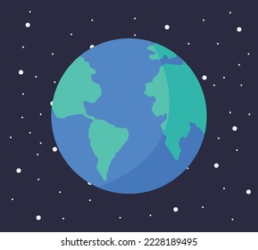 Cartoon solar system planet in flat style. Planet earth on dark space with stars vector illustration.
