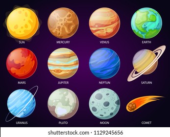 Cartoon solar system planets. Astronomical observatory small planet pluto, venus mercury neptune uranus meteor crater and star universe astronaut sign. Astronomy galaxy space vector isolated icons set - Shutterstock ID 1129245656