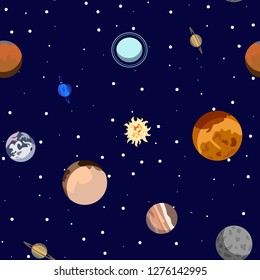 Cartoon solar system planets. Astronomical observatory small planet pluto, venus mercury neptune uranus Seamless pattern