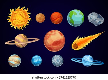 Cartoon solar system planets. Astronomical observatory small planet. Astronomy galaxy space. Sun Mercury Venus Earth Mars Jupiter Saturn Uranus Neptune Comet Asteroid