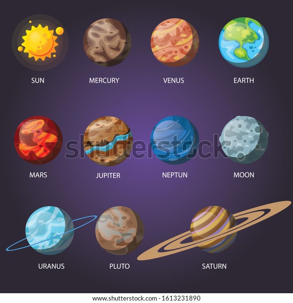 Cartoon solar system planets. Astronomical
observatory small planet pluto, venus mercury neptune uranus and
star universe astronaut sign. Astronomy galaxy space vector
illustration isolated icons
set