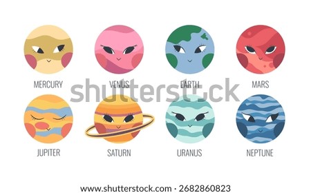 Cartoon Solar system planets in boho style. Hand drawn planets, Sun and Moon isolated on white background. Vector illustration