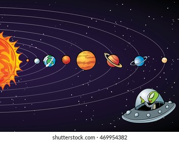 Cartoon solar system with planets in a row
