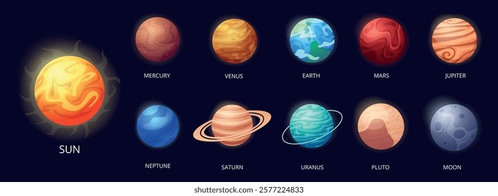 Cartoon solar system planets. Universe elements, astronomy galaxy planet. Mercury venus sun mars saturn uranus earth, nowaday vector bright set