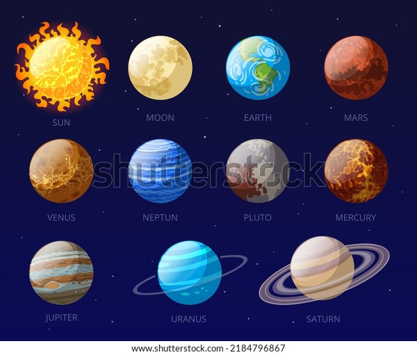 Cartoon
solar system planets, venus, mercury, sun and moon. Space bodies,
astronomy planets uranium, pluto and neptune vector symbols
illustration set. Galaxy astronomy
collection