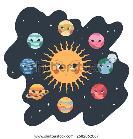 Cartoon Solar system in round shape. Abstract Solar system with cute boho planets, Sun and Moon. Vector illustration