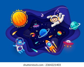 Cartoon Solar System Raumpapier geschnitten mit Galaxy-Planeten, Kind-Astronaut und Außerirdische Charaktere, Rakete und ufo Raumschiffe. Galaxie-Reise, äußerer Weltraum-Erforschung 3D-Vektorhintergrund mit lustigem Raumfahrer