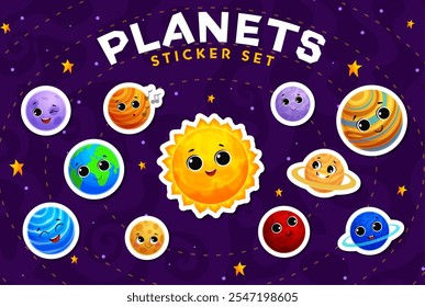 Os desenhos animados dos planetas do espaço do sistema solar embalam adesivos no fundo do vetor do céu estrelado. Terra, Lua, Sol e Saturno, Júpiter, Mercúrio, Vênus e Marte, Urano, Netuno e Plutão planetas, crianças astronomia