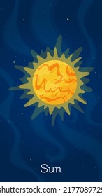 Cartoon solar system star Sun vector illustration. Universe round object art concept on dark blue vertical space background with solar system star Sun for galaxy graphic design concept