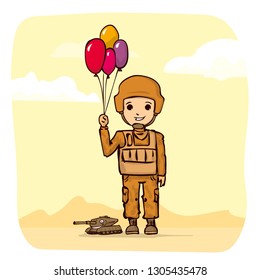 Cartoon soldier with ballons. Kawaii soldier.