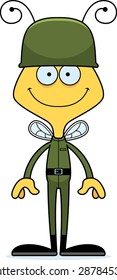 A cartoon soldier bee smiling.