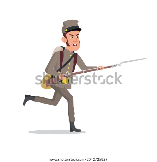 Cartoon soldier of the Confederate\
Army running to attack. American Civil War Soldier attacking the\
enemy with a rifle in his hands. Soldier of the 19th\
century