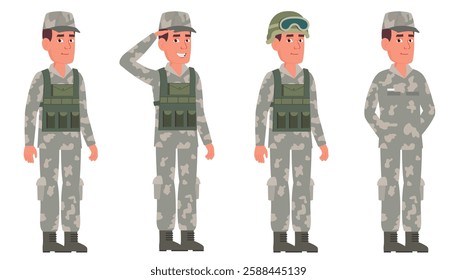 Cartoon soldier in different poses	