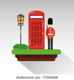 cartoon soldier of guard royal in traditional uniform cabin telephone and street lamp