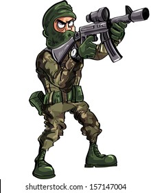 Cartoon soldier with gun and balaclava. Isolated on white
